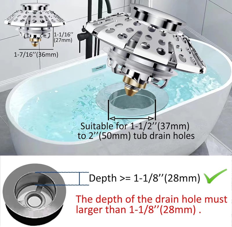 AzWzz Universal Tub Stopper Bathtub Drain Plug, Pop Up Tub Drain Hair Catcher, Drain Cover with Strainer, for 1-3/8 to 2in Bath Drain Hole - Image 4