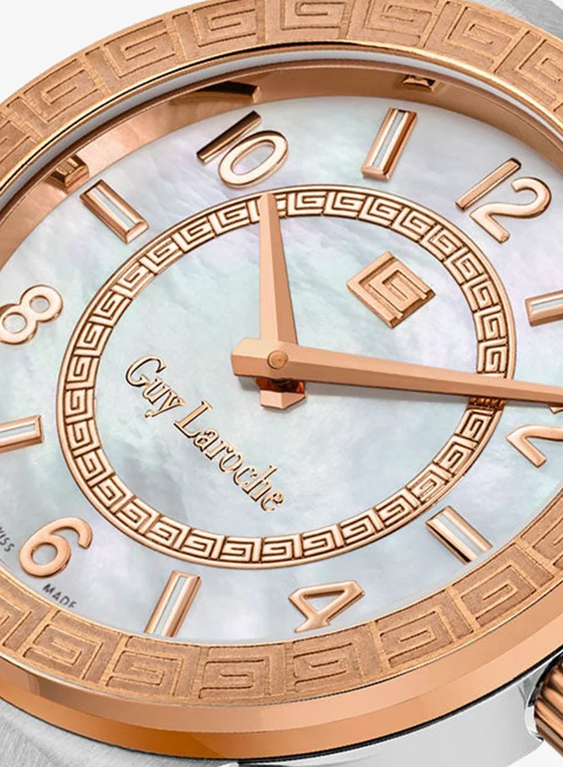 Guy Laroche Silver / Rose Gold Plated Sacha 32mm Ladies Swiss Quartz Watch with White Mother-of-Pearl Dial, Rose Gold-Plated Bracelet & Sapphire Glass for Women | Best Price UAE