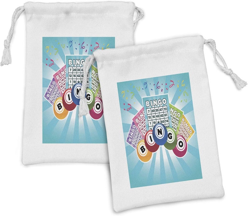 Ambesonne Ambesonne Bingo Fabric Pouch Set of 2 Colorful Illustration of Bingo Cards and Balls on Blue Sun Rays Retro Style Small Drawstring Bag for Toiletries Masks and Favors 9 x 6 Pale Blue Multicolor - Image 1