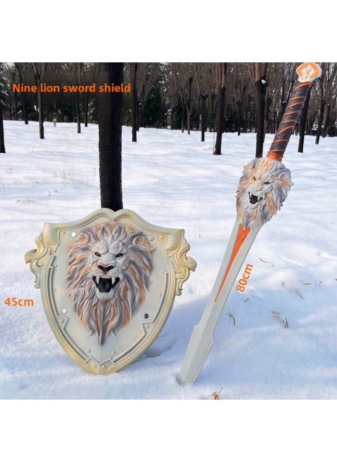 Pu Toy Sword Nine Lion Sword Shield Model Oversized Simulation Sword Boys And Girls Weapon Soft Glue Children's Toy-Color:Nine Lion Sword + Shield-Specifications:God Beast