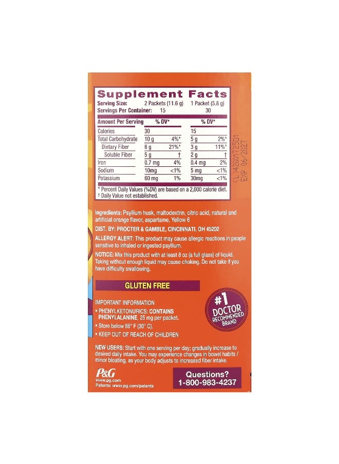 Metamucil - Metamucil, On-The-Go, 4-in-1 Fiber, Orange, Sugar Free, 30 Powder Packets, 0.21 oz (5.8 g) Each - Image 1