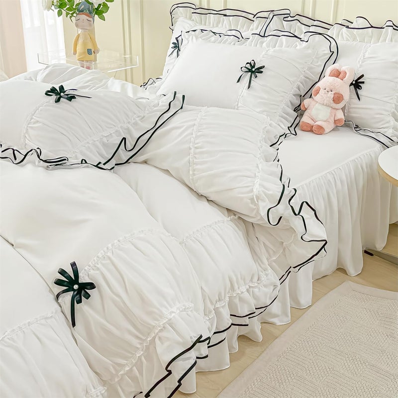 IHOUSTRIY White Duvet Cover Full Size Ruffle Beddding Set with Bowtie 3 Pieces Kid Comforter Cover Set with Zipper Closure Girl Bedding with Pillowcase  White Full Comforter Not Included