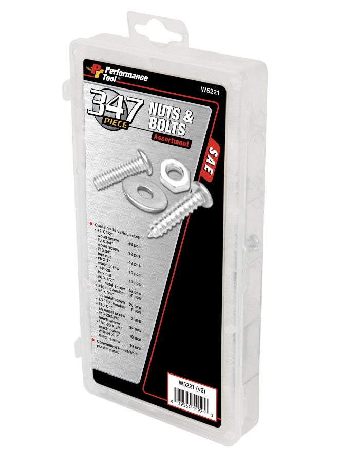 Performance Tool W5221 347pc SAE Nuts & Bolts Assortment With Case