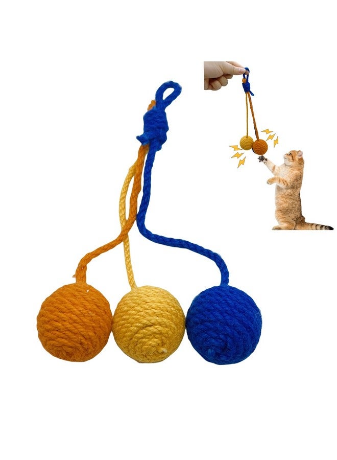 كرة ألعاب القطط، 3 قطع من كرات السيزال مع جرس بالداخل، ألعاب تفاعلية مضحكة للقطط داخل المنزل، لعبة مضغ آمنة لتنظيف أسنان القطط، لعبة هريرة قابلة للتعليق - Image 1