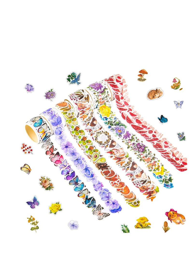 نيبمينينت 600pcs Washi Tape Stickers Roll, 6 Roll Vintage Tape, Decorative Butterfly Flower Animal Leaves Mushroom, Scrapbook for Art DIY Diary Planner, Colorful Aesthetic - Image 1