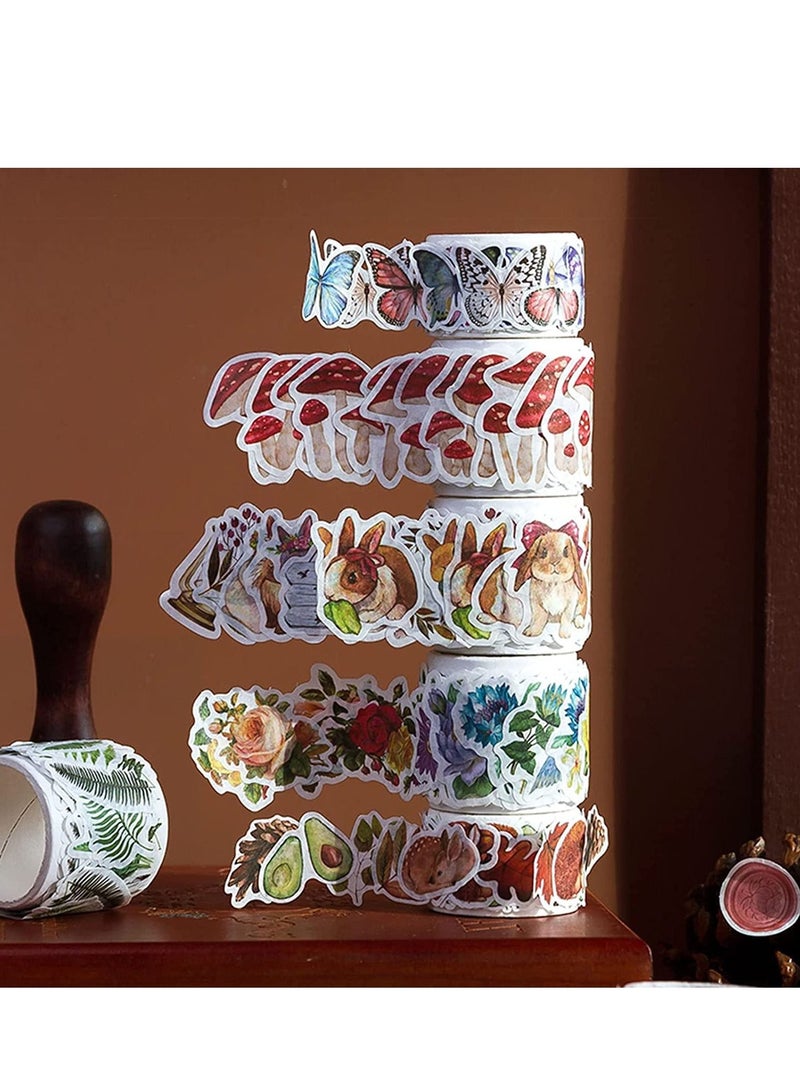 نيبمينينت 600pcs Washi Tape Stickers Roll, 6 Roll Vintage Tape, Decorative Butterfly Flower Animal Leaves Mushroom, Scrapbook for Art DIY Diary Planner, Colorful Aesthetic - Image 2