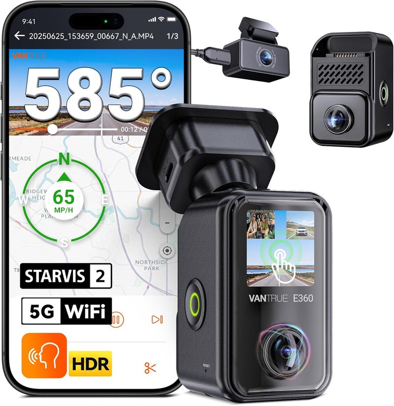 Vantrue E360 Plus 3 Channel 360 Degree WiFi Dash Cam with Dual STARVIS 2 and HDR Night Vision - Image 1