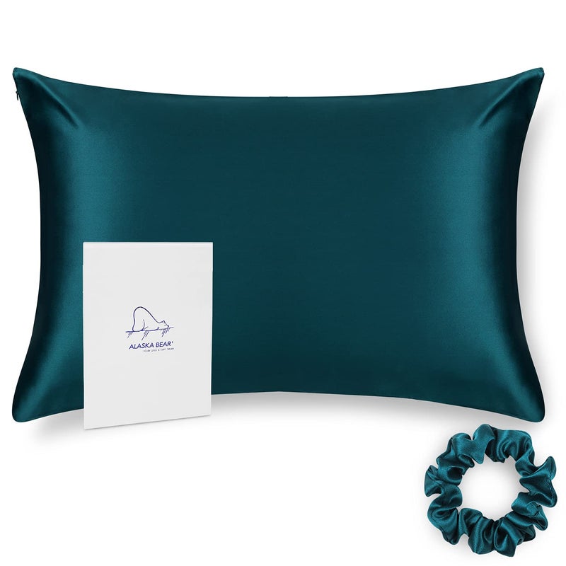 ALASKA BEAR Silk Pillowcase for Hair and Skin, 100% Mulberry Silk Pillow Cases Queen Size for Bliss Sleep with Random Color Scrunchy Gift Set Better Than Poly Satin, 1pc, Teal/Dark Turquoise - Image 1