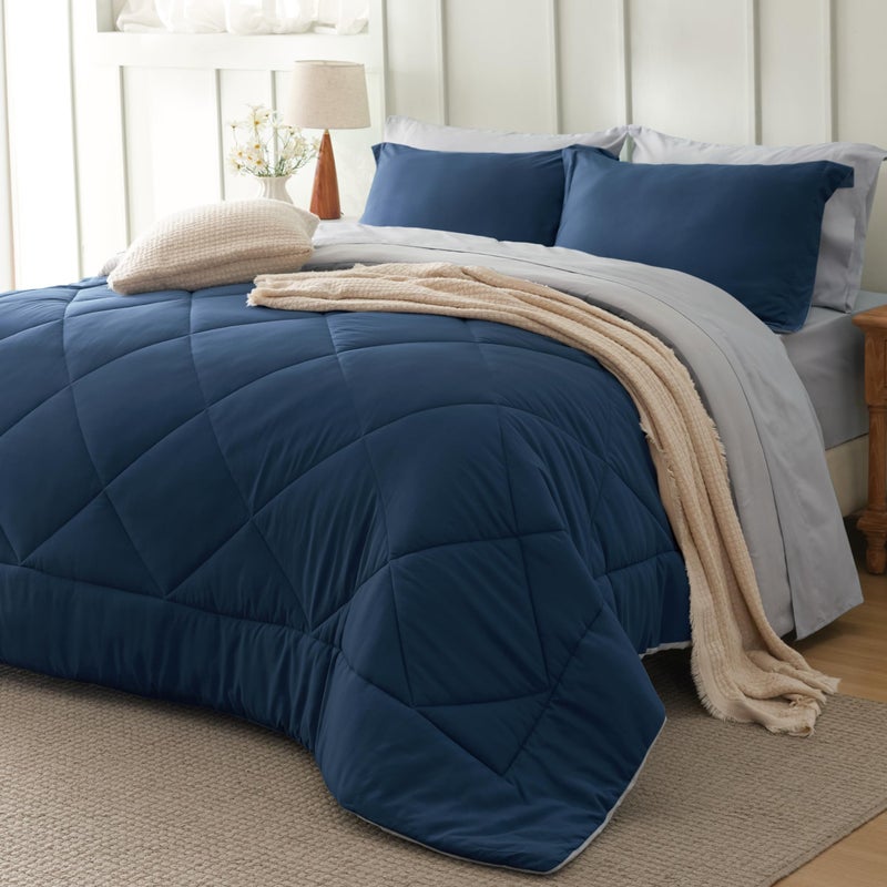 Bedsure King Size Comforter Set - 7 Pieces Reversible Navy Bedding, King Size Bed Set for All Seasons, Bed in a Bag with Down Alternative Comforter, Sheets, Pillowcases & Shams - Image 1