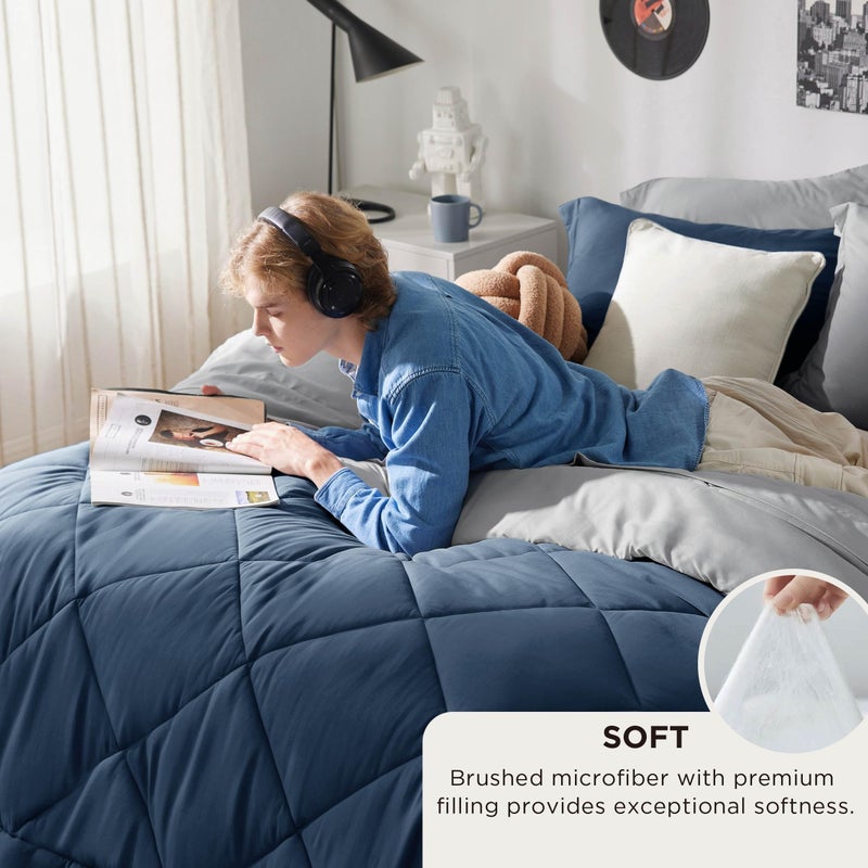 Bedsure King Size Comforter Set - 7 Pieces Reversible Navy Bedding, King Size Bed Set for All Seasons, Bed in a Bag with Down Alternative Comforter, Sheets, Pillowcases & Shams - Image 3