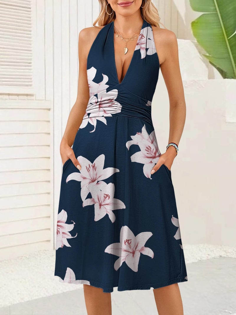 HUHOT Summer Dresses for Women 2026 Country Outfits Elegant Classy Vacation Curvy Halter Sexy Navy Blue Flower Sun Dress with Pockets Sundress Vestidos Casual Mujer Resort Wear Milkmaid - Image 5