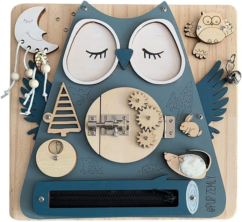 كلاراكو لوحة أنشطة حسية خشبية متعددة الوظائف من مونتيسوري، لعبة تعليمية لمهارات الحياة الأساسية، لعبة لوحية لطيفة، هدية للأطفال الصغار على شكل بومة - Image 3