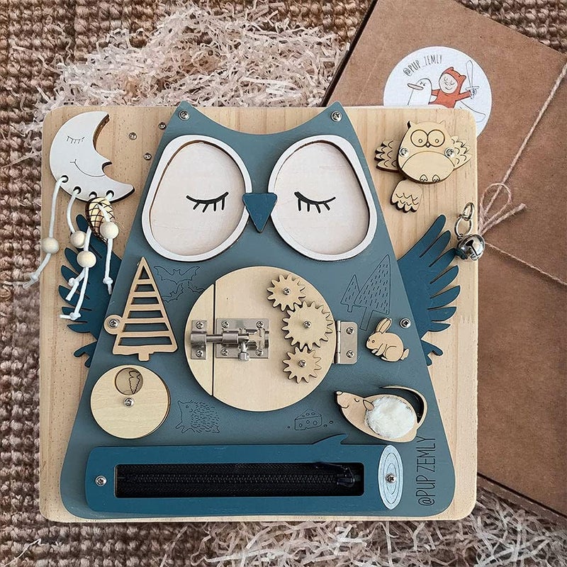 كلاراكو لوحة أنشطة حسية خشبية متعددة الوظائف من مونتيسوري، لعبة تعليمية لمهارات الحياة الأساسية، لعبة لوحية لطيفة، هدية للأطفال الصغار على شكل بومة - Image 5