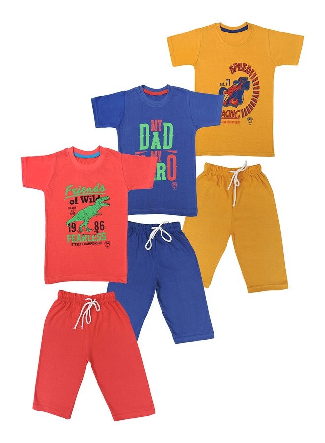 Kiddos Boys Roundneck T-shirt Shorts 3/4 Set Combo Pack Of 3 (2-3 YEARS) - Image 1