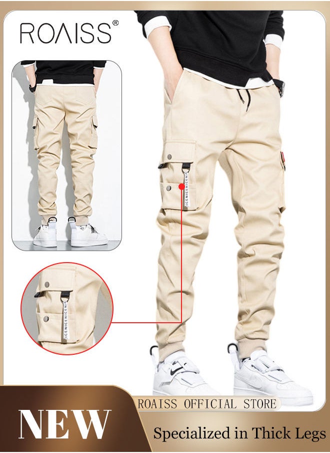 roaiss - Men's Cargo Trendy Pants Casual Jogging Pants Loose Fit Ankle-Tied with Elastic Drawstring Comfortable Workout Trousers Multiple Pockets Suitable for Various Body Types Beige - Image 1
