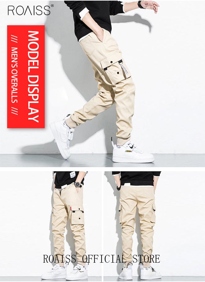roaiss - Men's Cargo Trendy Pants Casual Jogging Pants Loose Fit Ankle-Tied with Elastic Drawstring Comfortable Workout Trousers Multiple Pockets Suitable for Various Body Types Beige - Image 1
