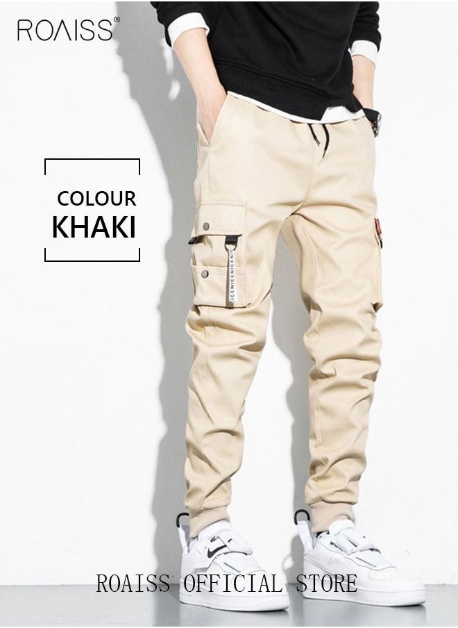 roaiss - Men's Cargo Trendy Pants Casual Jogging Pants Loose Fit Ankle-Tied with Elastic Drawstring Comfortable Workout Trousers Multiple Pockets Suitable for Various Body Types Beige - Image 1