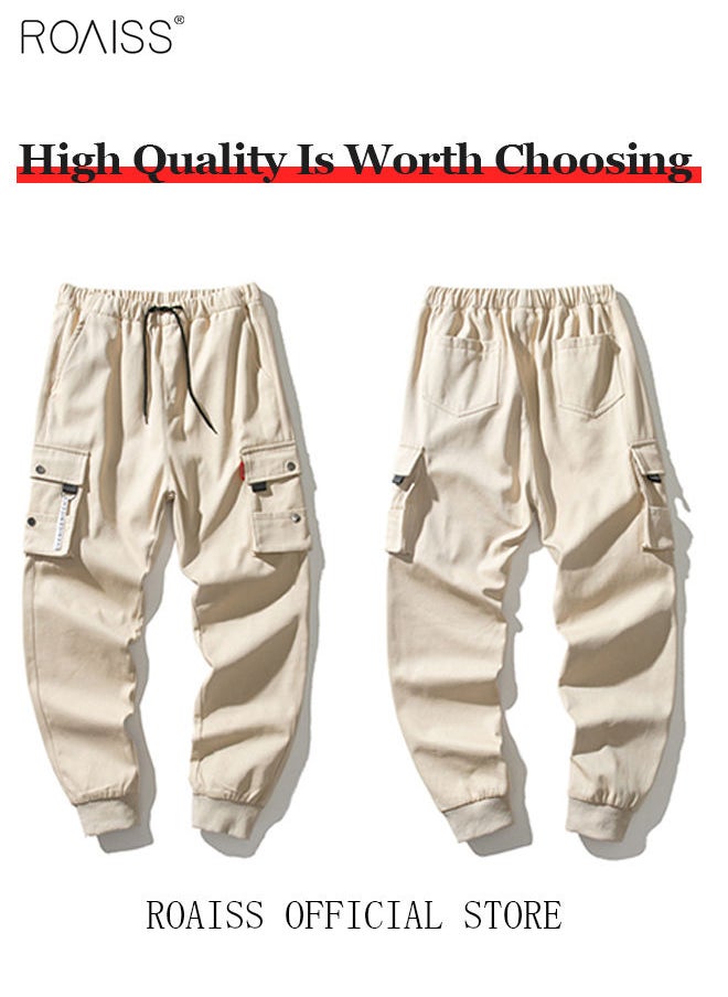 roaiss - Men's Cargo Trendy Pants Casual Jogging Pants Loose Fit Ankle-Tied with Elastic Drawstring Comfortable Workout Trousers Multiple Pockets Suitable for Various Body Types Beige - Image 1