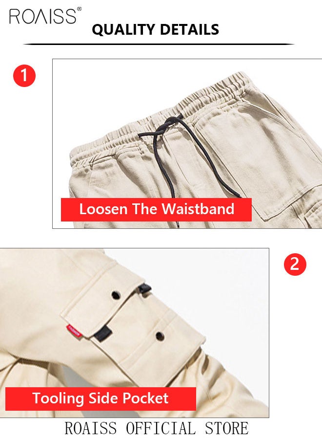 roaiss - Men's Cargo Trendy Pants Casual Jogging Pants Loose Fit Ankle-Tied with Elastic Drawstring Comfortable Workout Trousers Multiple Pockets Suitable for Various Body Types Beige - Image 1