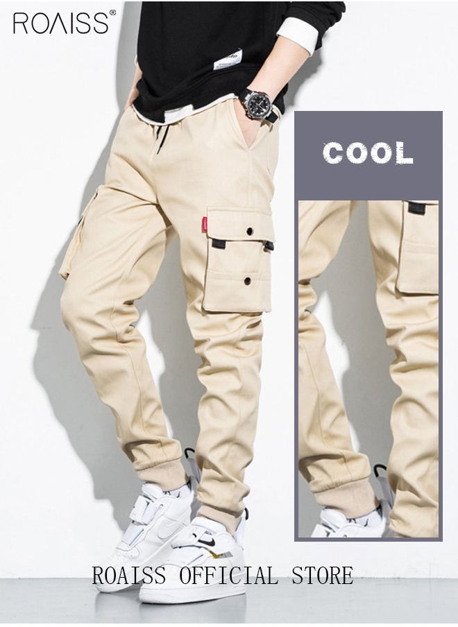 roaiss - Men's Cargo Trendy Pants Casual Jogging Pants Loose Fit Ankle-Tied with Elastic Drawstring Comfortable Workout Trousers Multiple Pockets Suitable for Various Body Types Beige - Image 1