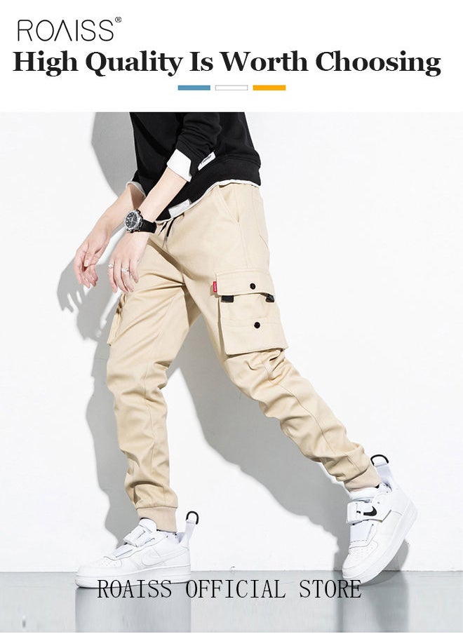 roaiss - Men's Cargo Trendy Pants Casual Jogging Pants Loose Fit Ankle-Tied with Elastic Drawstring Comfortable Workout Trousers Multiple Pockets Suitable for Various Body Types Beige - Image 1