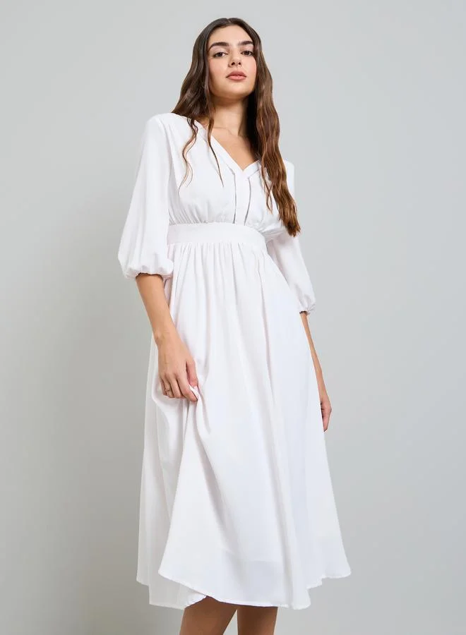 ستايلي White Solid 3/4 Sleeves A-Line Midi Dress
