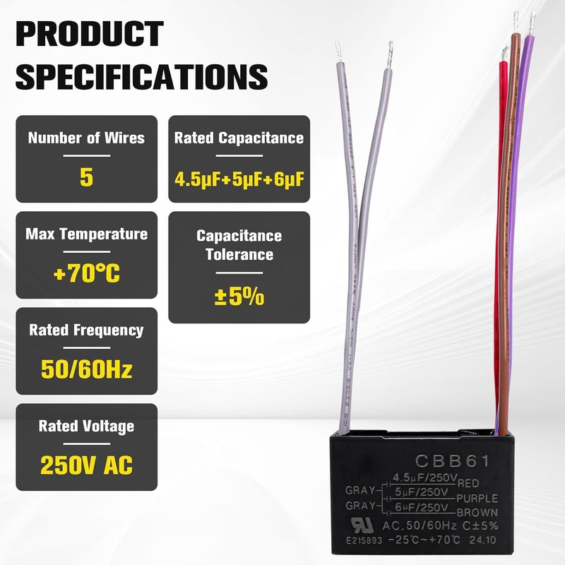 Podoy Ceiling Fan Capacitor 5 Wire for Compatible with BM CBB61 250VAC 4.5uf+5uf+6uf 50/60Hz (2 Pack) - Image 2