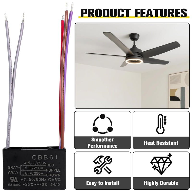 Podoy Ceiling Fan Capacitor 5 Wire for Compatible with BM CBB61 250VAC 4.5uf+5uf+6uf 50/60Hz (2 Pack) - Image 5