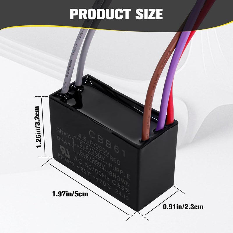 Podoy Ceiling Fan Capacitor 5 Wire for Compatible with BM CBB61 250VAC 4.5uf+5uf+6uf 50/60Hz (2 Pack) - Image 3