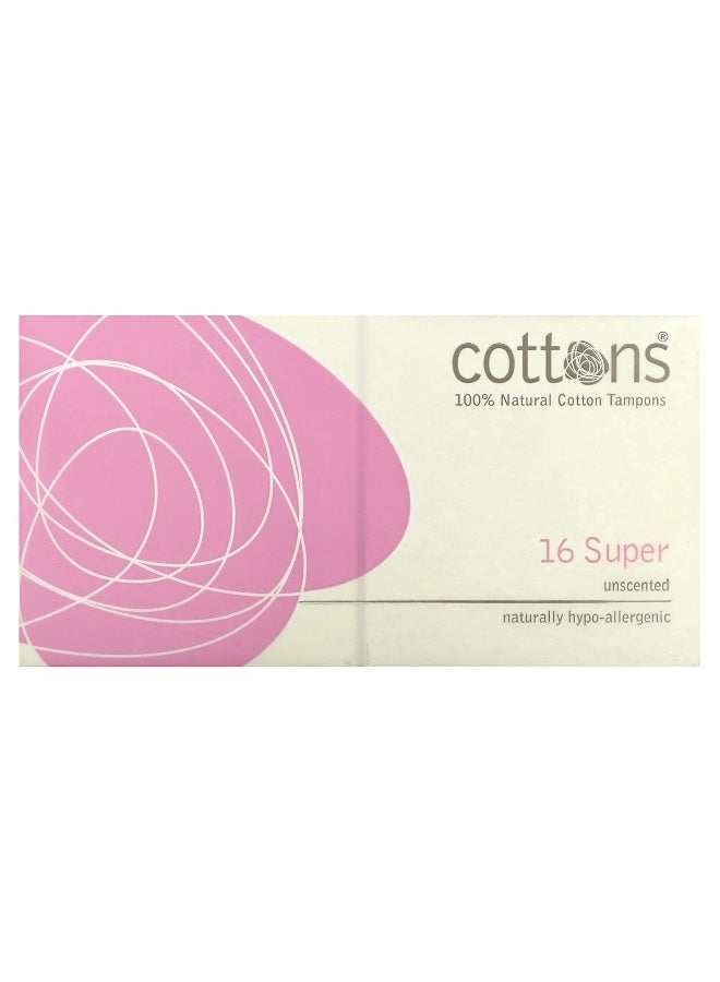 Cottons, 100% Natural Cotton Tampons, Super, Unscented, 16 Tampons - Image 1