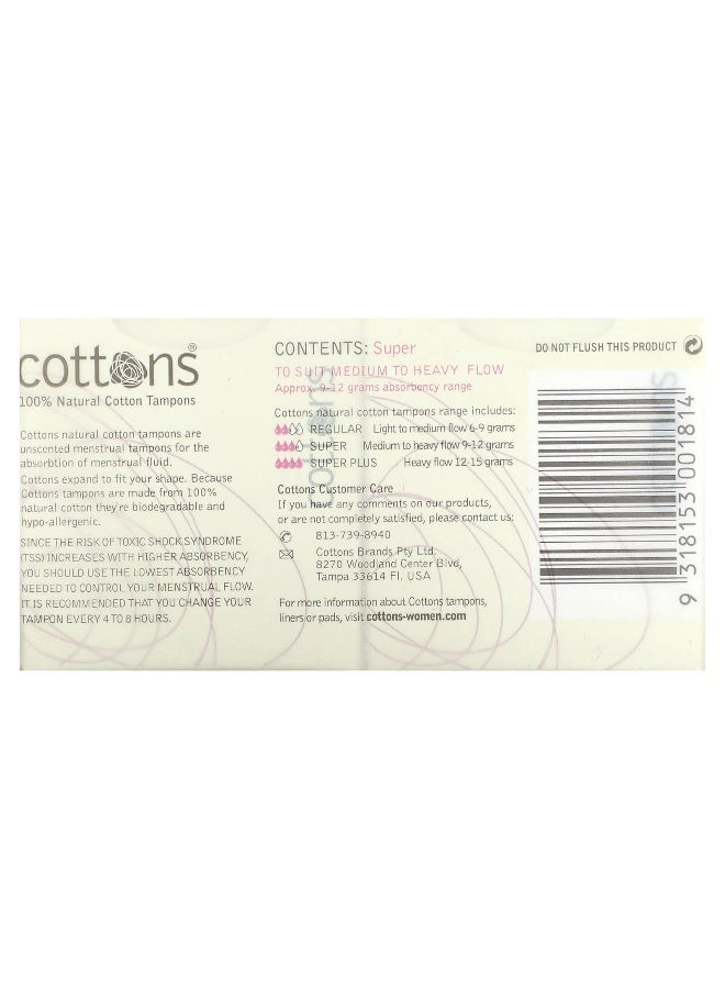 Cottons, 100% Natural Cotton Tampons, Super, Unscented, 16 Tampons - Image 2