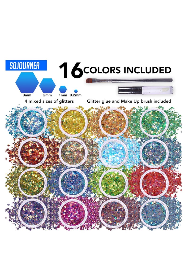 SoJourner Bags Fairy Tears Chunky Holographic Body Glitter I 16 Colors + Glitter Glue for Face Glitter Makeup, Hair, Eye & Fine Glitter Eyeshadow - Perfect for Halloween, Resin, Tumblers, Craft, Cosmetic & Nail Art - Image 2
