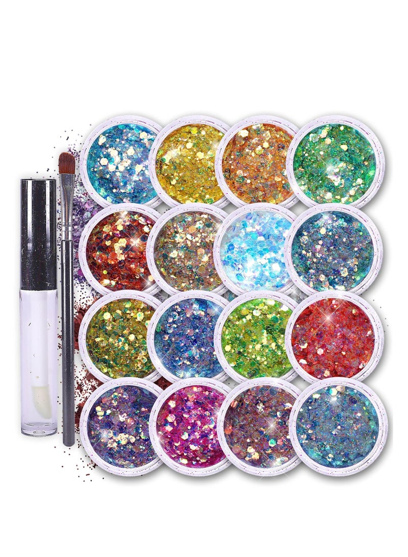 SoJourner Bags Fairy Tears Chunky Holographic Body Glitter I 16 Colors + Glitter Glue for Face Glitter Makeup, Hair, Eye & Fine Glitter Eyeshadow - Perfect for Halloween, Resin, Tumblers, Craft, Cosmetic & Nail Art - Image 1