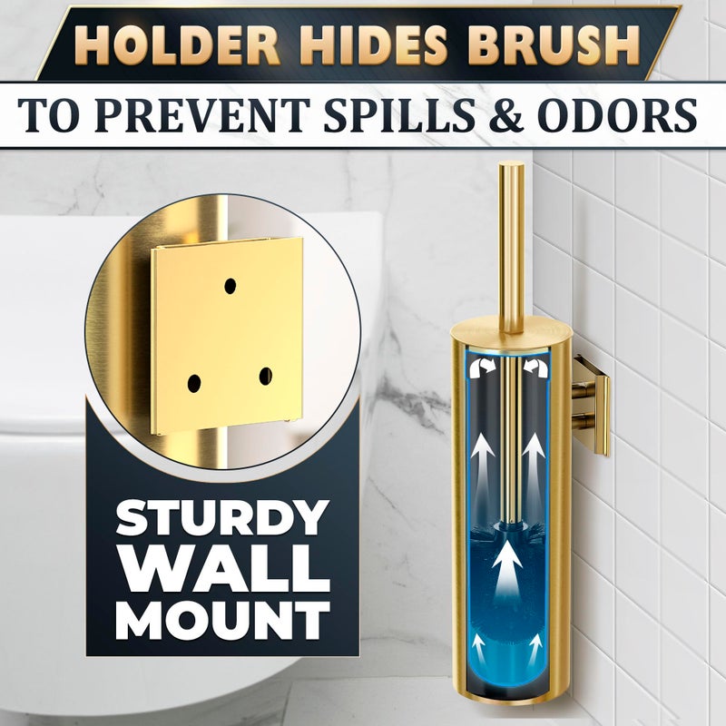 NOVSIX Gold Toilet Brush and Holder Set with Wall Mount - Modern Wall Mounted Toilet Brush Made from Corrosion-Resistant Stainless Steel - Removable Inner Bowl, Splash Protection & Dense Bristles Supplied - Image 5