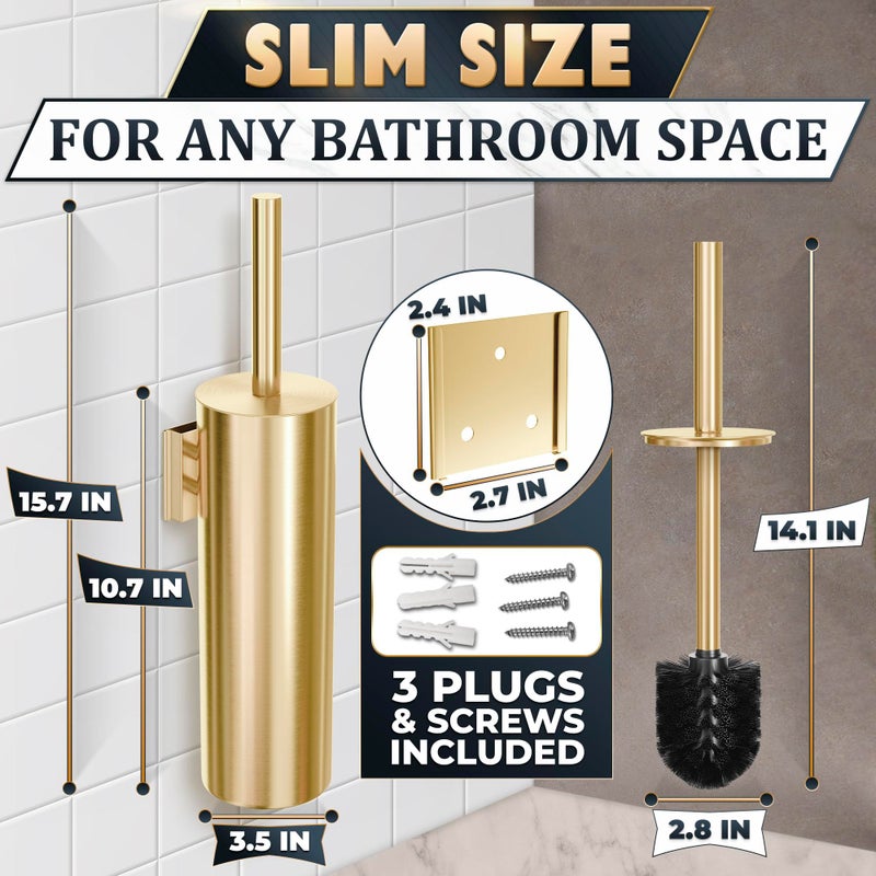 NOVSIX Gold Toilet Brush and Holder Set with Wall Mount - Modern Wall Mounted Toilet Brush Made from Corrosion-Resistant Stainless Steel - Removable Inner Bowl, Splash Protection & Dense Bristles Supplied - Image 2