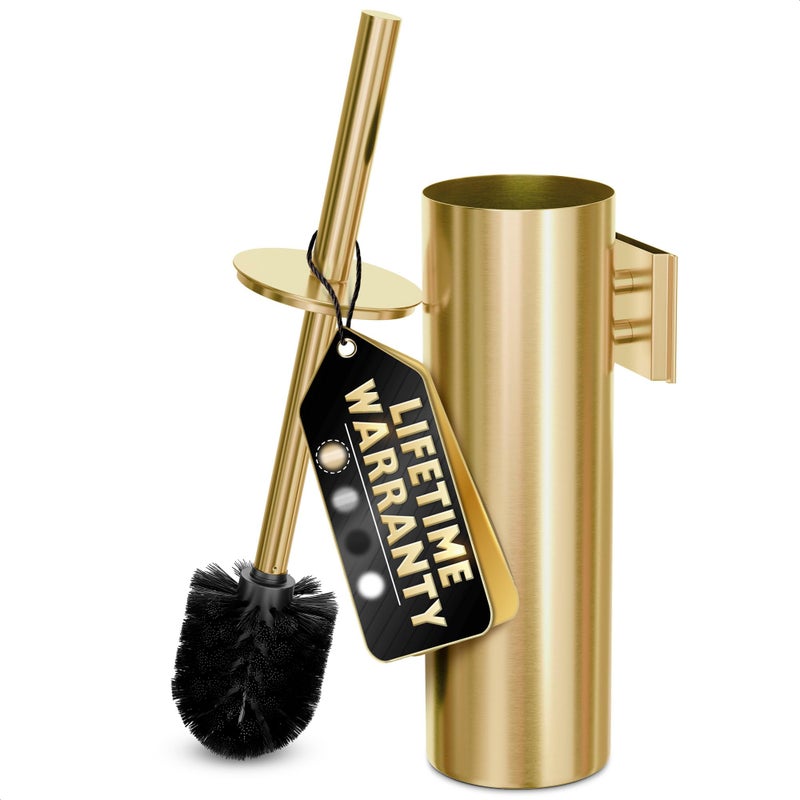NOVSIX Gold Toilet Brush and Holder Set with Wall Mount - Modern Wall Mounted Toilet Brush Made from Corrosion-Resistant Stainless Steel - Removable Inner Bowl, Splash Protection & Dense Bristles Supplied - Image 1