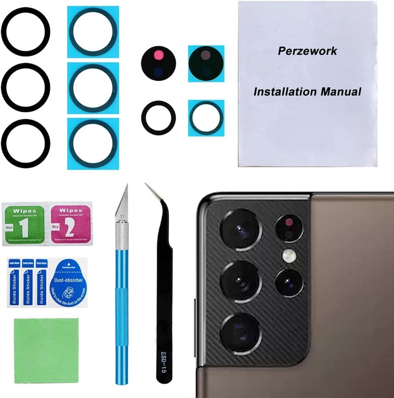 Perzework 2 Set Back Rear Camera Lens Glass Replacement for Samsung Galaxy S21 Ultra 6.8 inches with pre-Installed Adhesive and Reparing Toolkit - Image 1