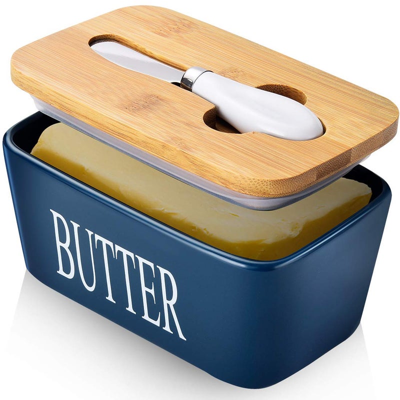 Butter Dish with Lid Home Decor Large Butter Dish for Countertop Ceramic Butter Keeper Container with Knife and HighQuality Silicone Sealing Good Kitchen Gift Blue