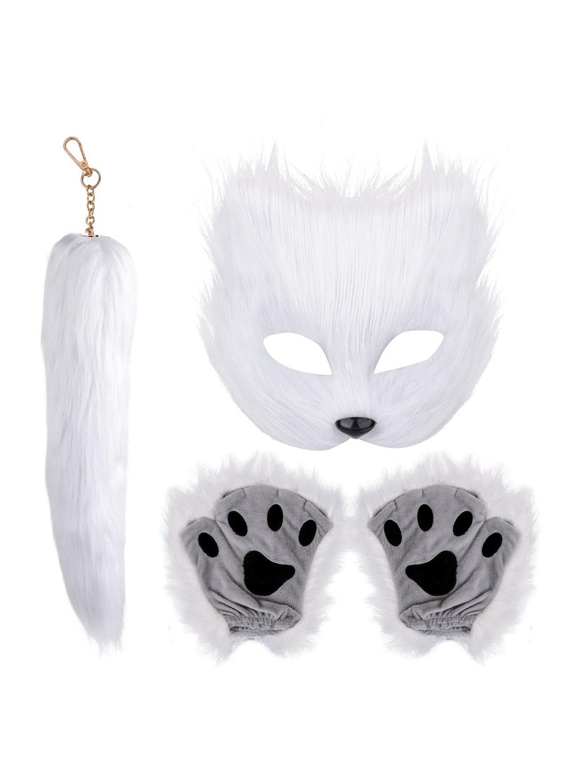 Barakah Therian Mask and Tail Set for Girls Cat Mask Tail Cosplay Fox Mask Wolf Tail, White - Image 1