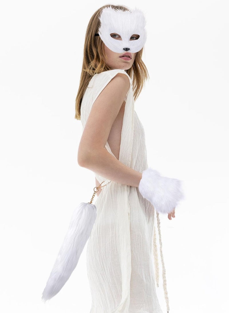 Barakah Therian Mask and Tail Set for Girls Cat Mask Tail Cosplay Fox Mask Wolf Tail, White - Image 3