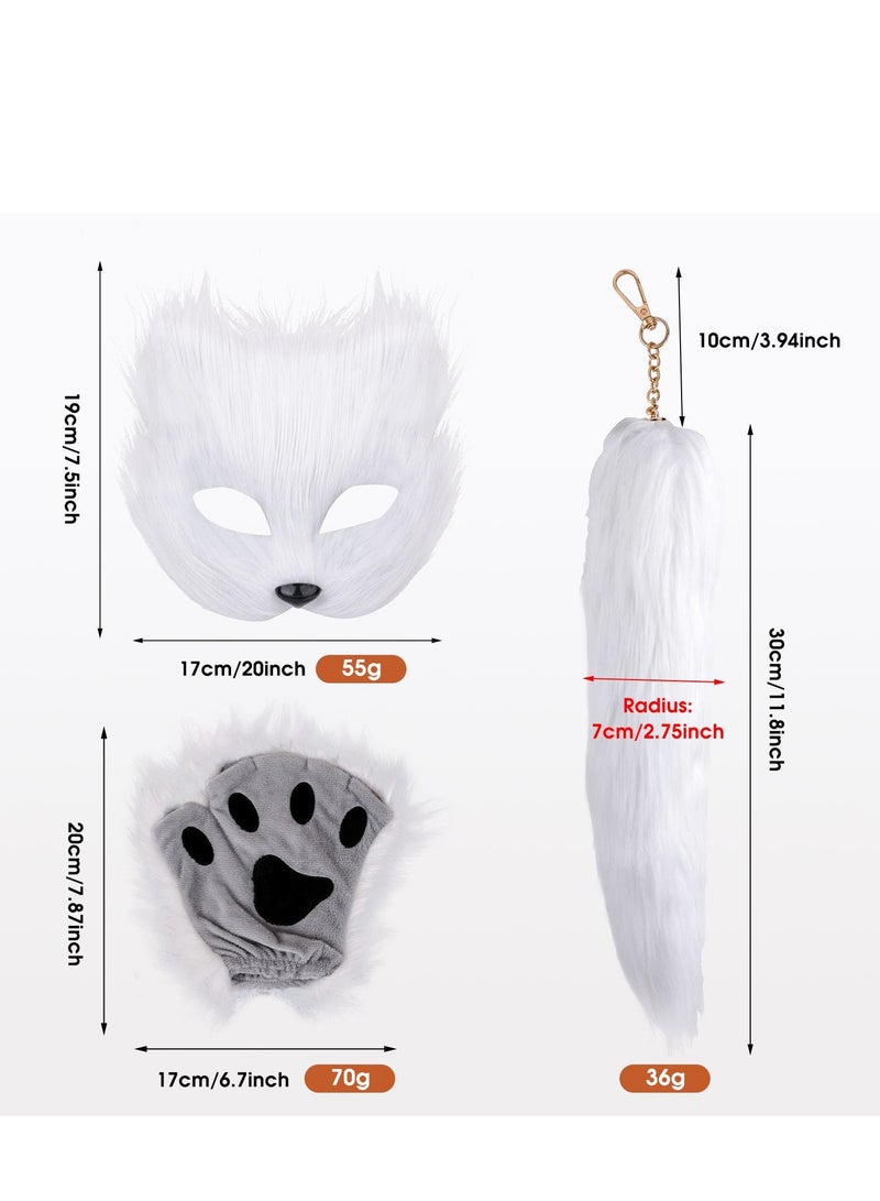 Barakah Therian Mask and Tail Set for Girls Cat Mask Tail Cosplay Fox Mask Wolf Tail, White - Image 4