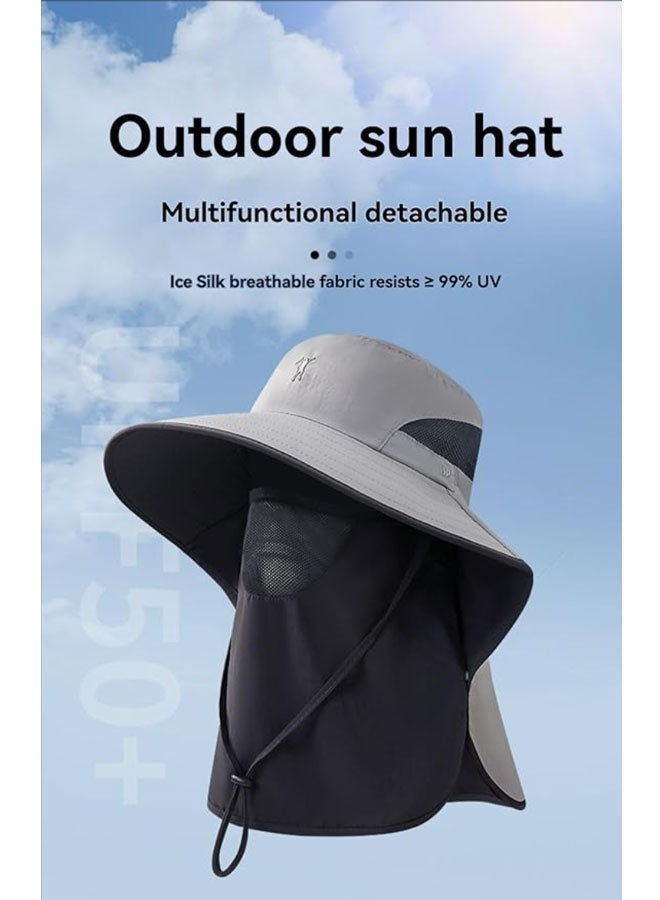 Generic Light Gray Outdoor Sun Hat with Detachable Face and Neck Cover - Offering UV Protection, Made of Breathable Fabric, Featuring Adjustable Sizing - Suitable for Hiking, Fishing, Beach Outings - Image 2