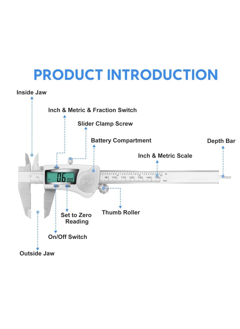 ماركة غير محددة Digital Caliper Calipers 6 Inch Measuring Tool with Stainless Steel IP54 Splash Proof Protection Design Easy Switch from to Millimeter Large Screen  - Image 4