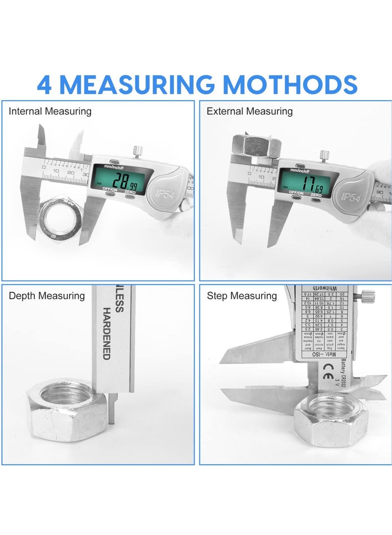 Digital Caliper Calipers 6 Inch Measuring Tool with Stainless Steel IP54 Splash Proof Protection Design Easy Switch from to Millimeter Large Screen