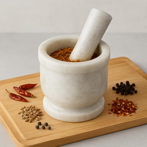 Jaipur Ace Natural White Marble Mortar and Pestle Set, Imam Dasta, Ohkli Musal, Kharal/Khalbatta or Mixer and Grinder Set for Kitchen- 4x4 Inches (White) - Image 1