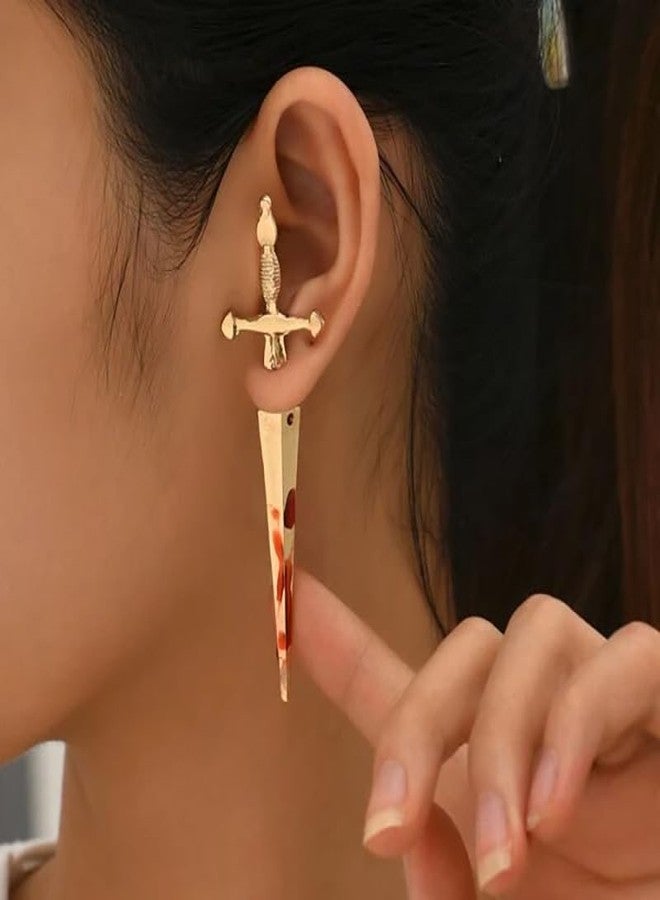 ANGLEQUEEN Gothic Sword Earrings for Women Sword Stud Earrings Punk Dangle Drop Earring Tassel Chain Ear Cuff Earring Emo Accessories Halloween Costume Jewelry Accessories Gold Swords - Image 2