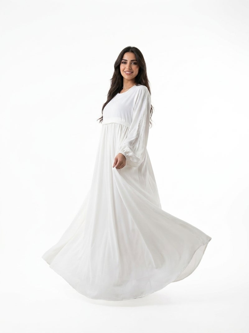 White Long Evening Dress with Wide Cut and Medium Sleeves, Suitable for Formal Events and Weddings, Pure White Color, Elegant & Comfortable Design - Size XL (110 KG) - Image 4