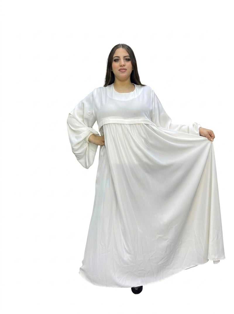 White Long Evening Dress with Wide Cut and Medium Sleeves, Suitable for Formal Events and Weddings, Pure White Color, Elegant & Comfortable Design - Size XL (110 KG) - Image 2