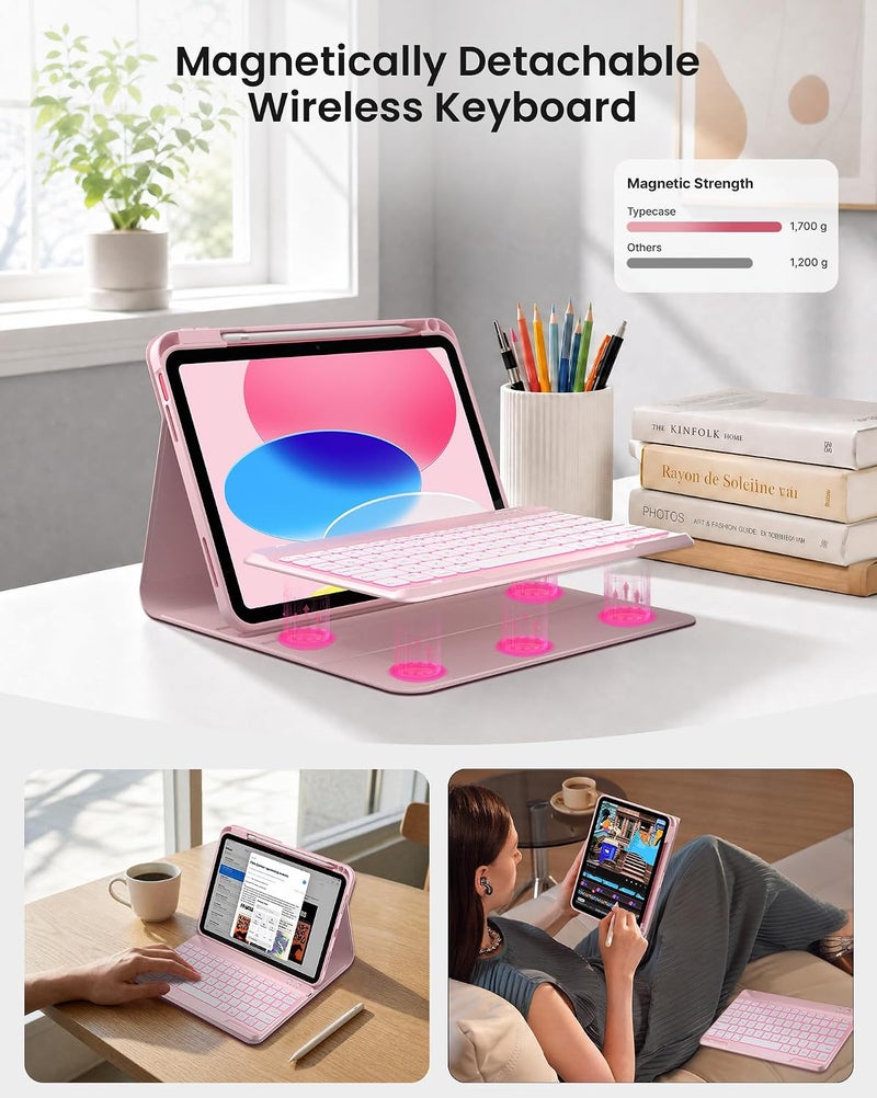 typecase غلاف لوحة مفاتيح تيبكيس فوليو لآيباد الجيل الحادي عشر/العاشر (11 بوصة A16 2025 و10.9 بوصة 2022) – لوحة مفاتيح مغناطيسية لاسلكية قابلة للفصل، إضاءة خلفية بسبعة ألوان، رفيع وخفيف، حامل قلم – وردي فاتح - Image 4