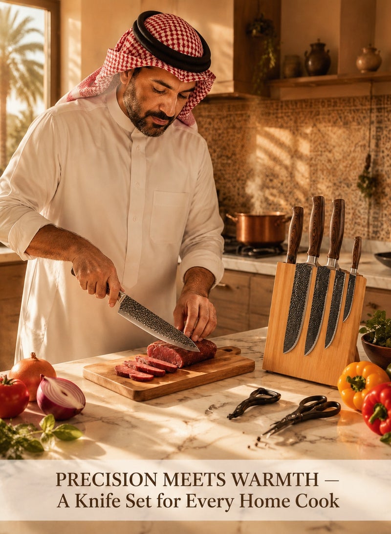 طقم سكاكين مطبخ فاخر 6 قطع، ستانلس ستيل عالي الكربون مع نقش مطرقة، مقبض خشبي مريح، سكين شيف، سكين متعدد الأغراض، سكين تقشير، سكين خبز، مقص مطبخ، تغليف صندوق هداي - Image 2